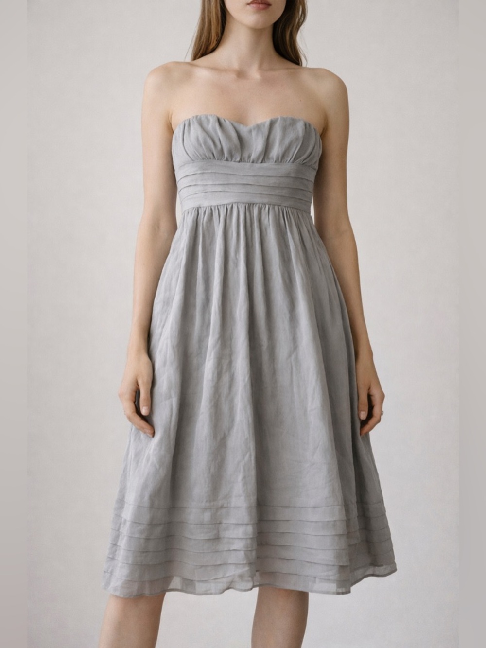 J Crew 100% Silk Strapless Dove Grey Pleated Midi Dress Size Small 8P